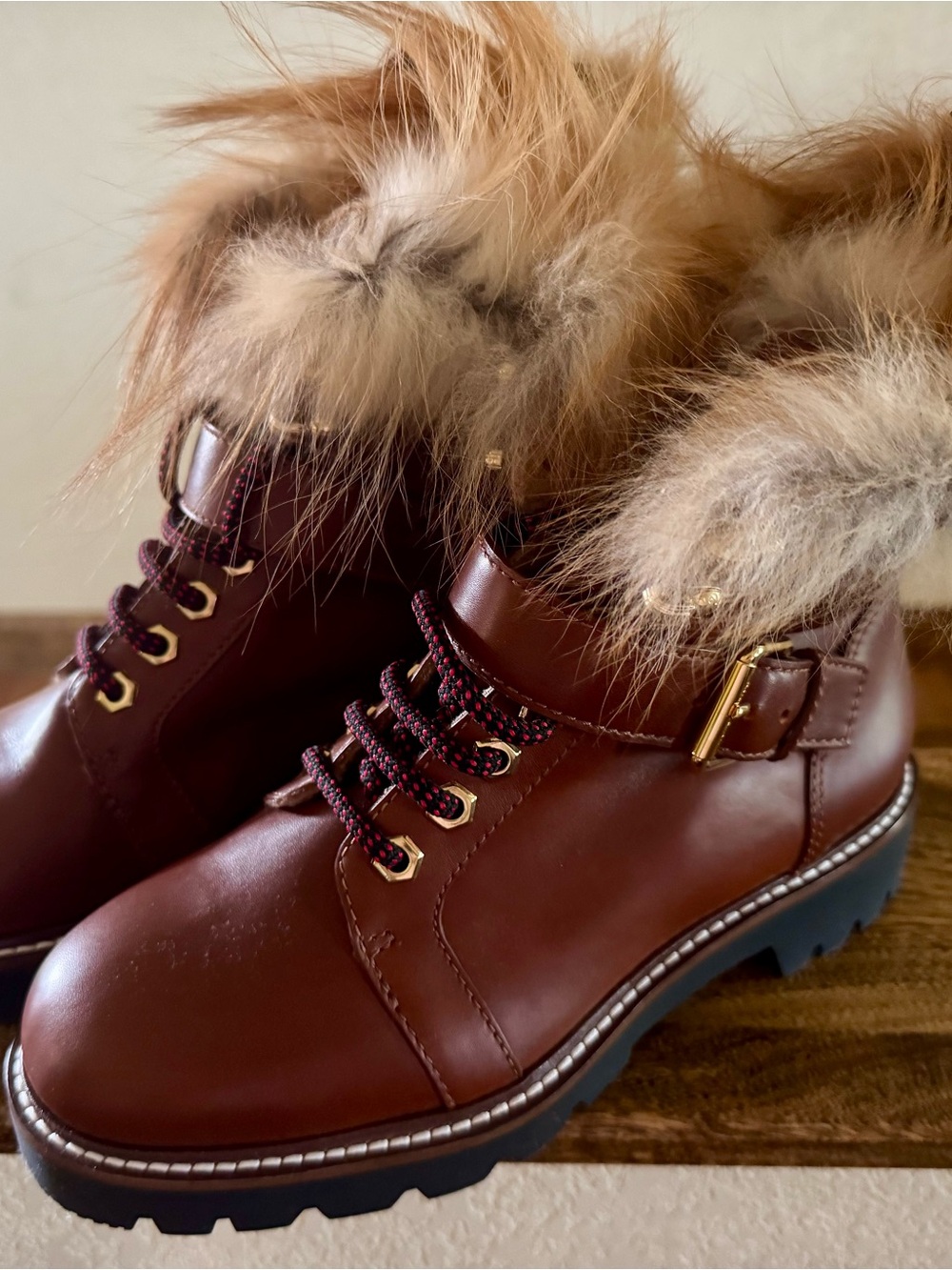 Women’s Faux-Fur Trim Brown Leather Ankle Boots